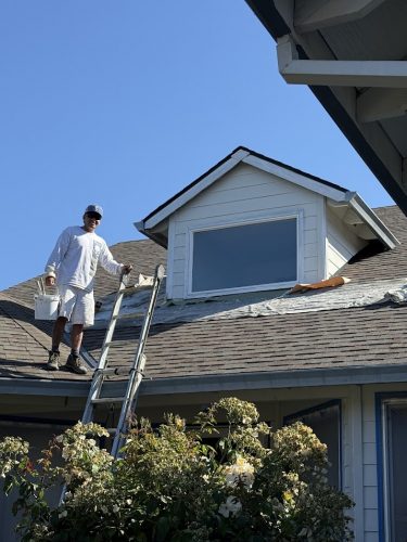 Painter in white paints house roof trim on ladder under blue July 2025 sky; Pearl Painters, Portland.