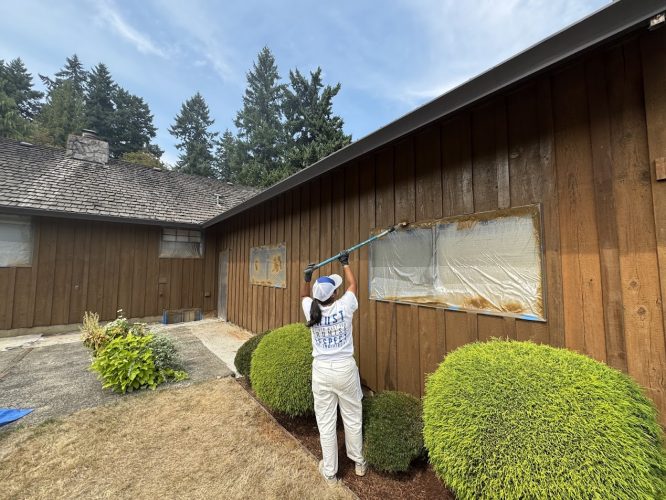 Painter in white paints a brown wooden Craytor house exterior; windows covered with plastic. Pearl Painters, Portland.