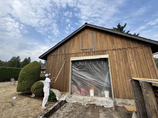 Painter in white uses roller on exterior wall; plastic covers doorway, drop cloths on ground. Pearl Painters project, Portland, Aug 2025.