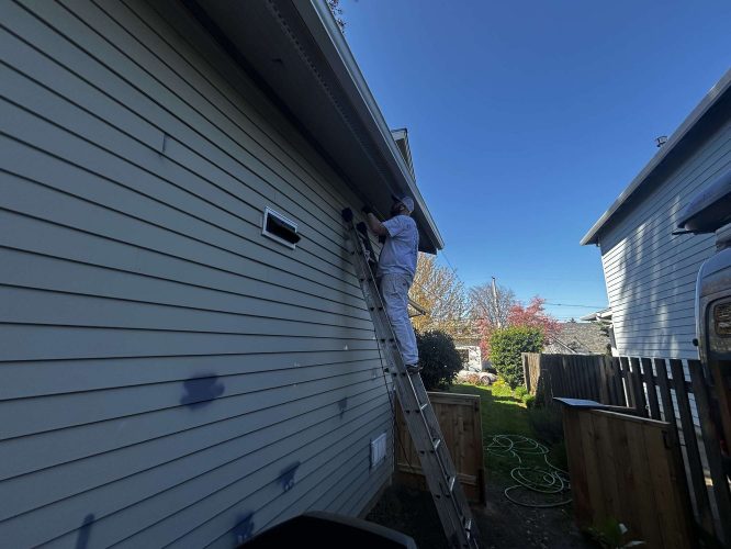 A painter from Pearl Painters in Portland stands on a ladder painting the exterior siding of a house on a sunny April 2025 day.