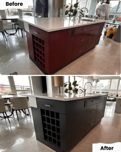 Before and after of a kitchen island painted matte black by Pearl Painters in Portland; structure and layout unchanged.