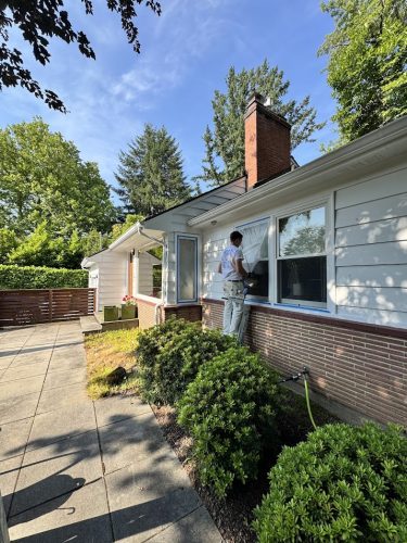 In June 2025, a painter from Pearl Painters paints the window trim of a white house in Carlton, near Portland, surrounded by green bushes and trees.