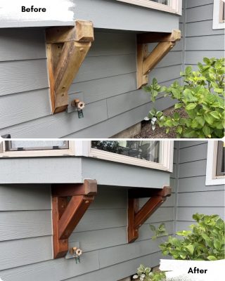 Before and after photos of wood supports under a window in Portland, painted by Pearl Painters; old wood, then freshly stained.