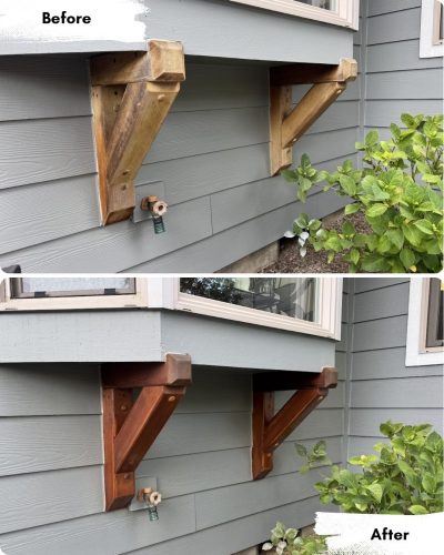 Before and after photos of wood supports under a window in Portland, painted by Pearl Painters; old wood, then freshly stained.