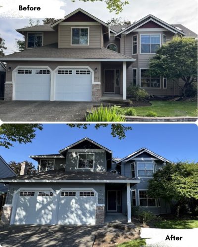 Before-and-after photos of a house in Portland repainted darker by Pearl Painters; landscaping and structure unchanged.