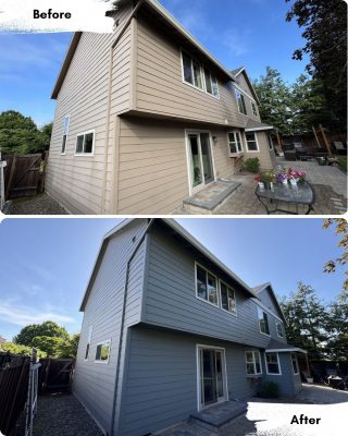 Before and after images of a house in Portland painted gray by Pearl Painters; painter changed siding from beige to gray.