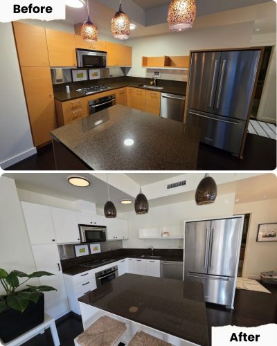 Before and after: Pearl Painters in Portland repainted wooden kitchen cabinets white, with same layout, appliances, and new lighting.