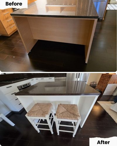 Kitchen island with wood paneling before; after, Pearl Painters in Portland painted it white and added two woven-seat stools.