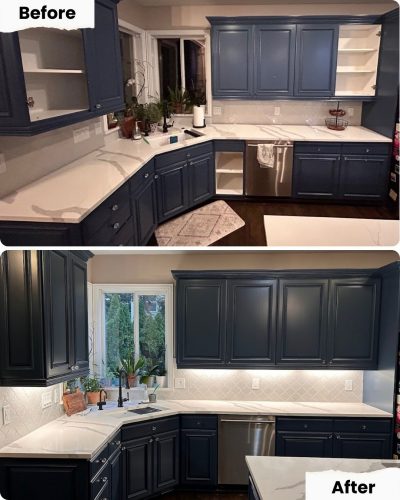 Before and after photos of kitchen renovation in Portland by Pearl Painters, showing painted cabinets and updated hardware.