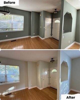 Pearl Painters in Portland painted green walls light gray; flooring, windows, and fixtures are unchanged in before/after photos.