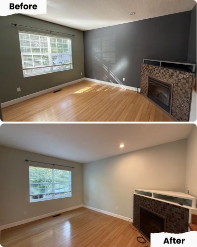 Pearl Painters painted dark accent wall light gray; accent wall gone, room in Portland looks larger and brighter.