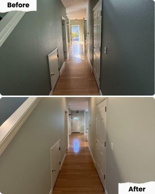Before-and-after hallway photos show Pearl Painters' white doors and trim, better lighting, and tidier space in Portland.