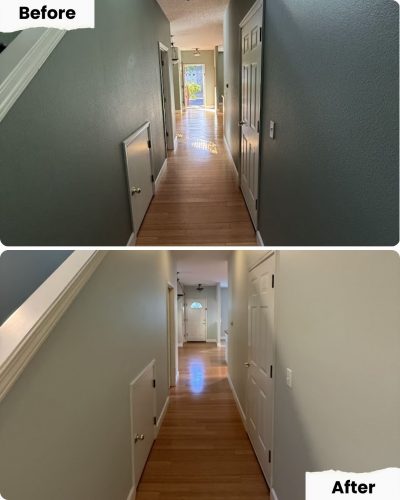 Before-and-after hallway photos show Pearl Painters' white doors and trim, better lighting, and tidier space in Portland.