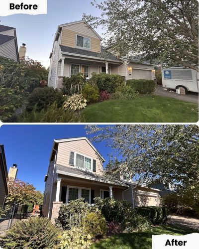 Before/after of a house painted by Pearl Painters in Portland; before: cloudy, after: bright sun and blue sky.