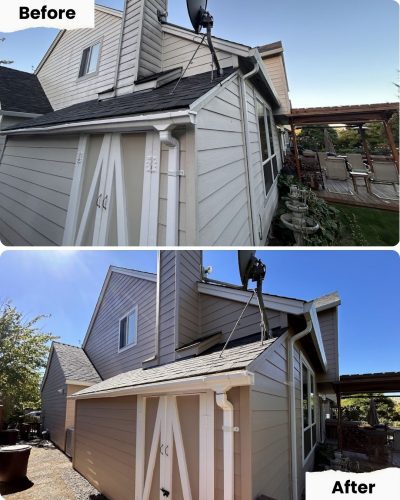 Side-by-side house exterior before and after new paint by Pearl Painters, highlighting painted siding, trim, gutters, and doors in Portland.