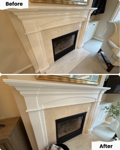 Before-and-after of a white fireplace mantel painted by Pearl Painters, Portland; top is before, bottom is freshly painted.