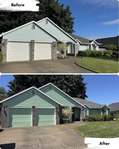 Before and after photos show a house in Portland with garage doors painted white, then green by Pearl Painters; driveway and yard unchanged.