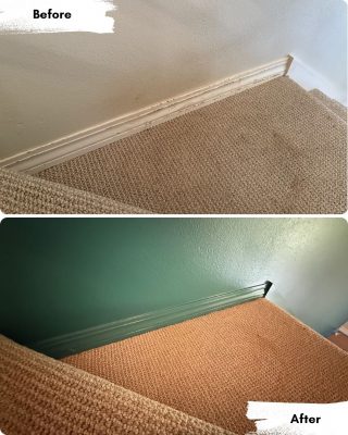 Before and after of a staircase in Portland: Pearl Painters painted the wall and trim green; carpet cleaned.