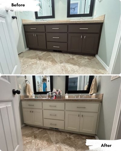 Pearl Painters in Portland repainted bathroom vanity cabinets from dark brown to light beige; countertop and floor stay the same.