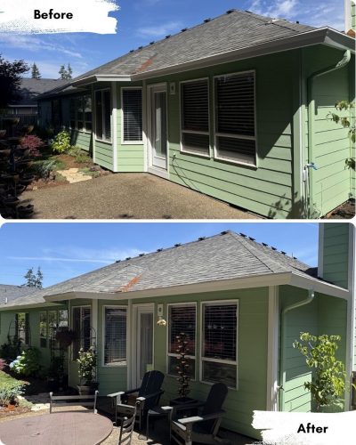 Side-by-side photos of a house exterior that Pearl Painters painted in Portland, shown before and after landscaping with new patio furniture and added plants in the after image.