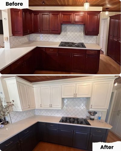 Kitchen in Portland before and after painting by Pearl Painters: upper cabinets now white, lowers navy blue; counters unchanged.