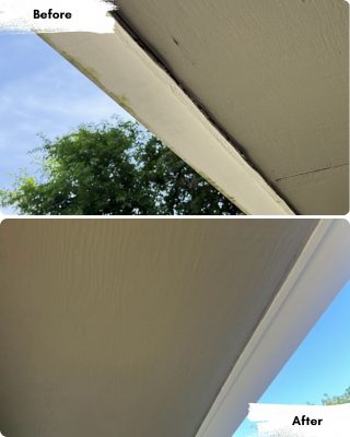 Before: dirty, cracked roof eave; after: Pearl Painters’ painting repairs leave the Portland seam clean and freshly painted.