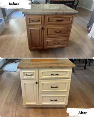 Kitchen island in Portland painted by Pearl Painters: brown before, cream after. Painter's work shown side-by-side.