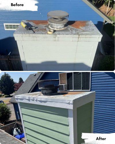 Top: Rusted, peeling chimney before painting in Portland. Bottom: Same chimney after Pearl Painters painted it green and white and removed rust.