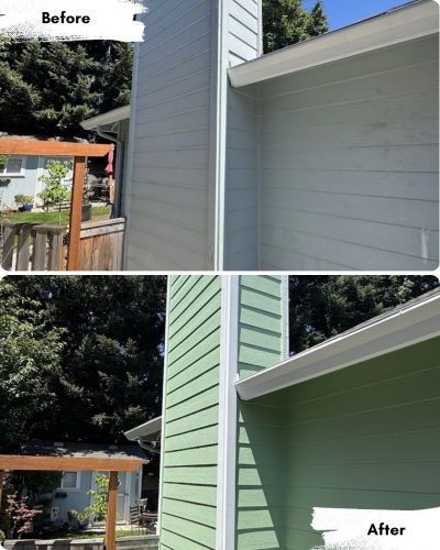 Side-by-side before and after of a house painter's work in Portland by Pearl Painters, changing siding from light blue to green.