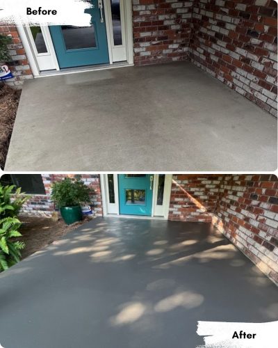 Before-and-after of porch in Portland: plain concrete, then Pearl Painters' dark gray paint, potted plants, and new decor.