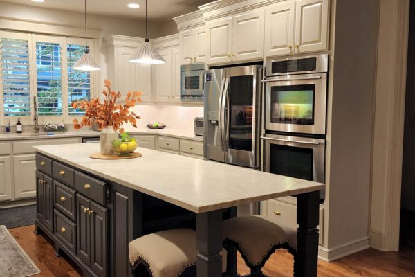 Kitchen cabinets repainted - white with blue island