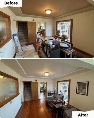 Before: A cluttered living room. After: Furniture is organized and paintings are hung, after a Portland painter from Pearl Painters worked.