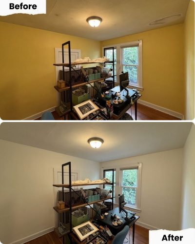 Painter from Pearl Painters in Portland repainted yellow home office walls white; furniture and decor are unchanged.