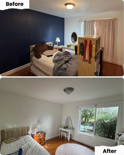 Bedroom before and after Pearl Painters painting: dark blue walls and clutter changed to white walls and neat space in Portland.
