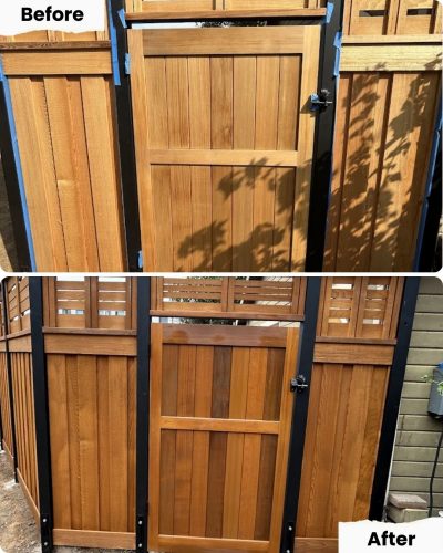 Two photos show a wooden gate in Portland before and after Pearl Painters painted it and added horizontal slats for height.