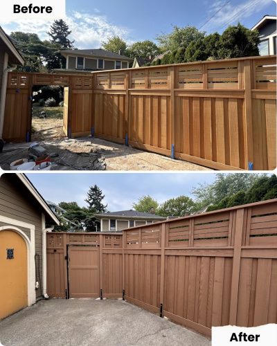 Before and after photos of a new wooden fence and gate painted by Pearl Painters in Portland; ground paved in the second image.