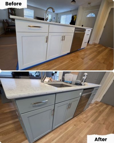 Side-by-side of kitchen island before and after Pearl Painters painted cabinets from white to light gray in Portland home.