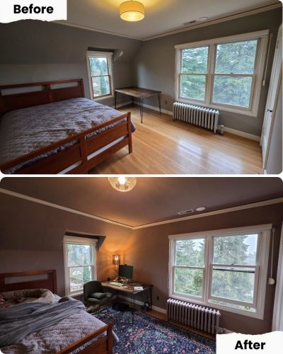 Before: Minimal bedroom with bed, table, radiator. After: Painter added desk, lamp, chair, rug for a cozier look in Portland.