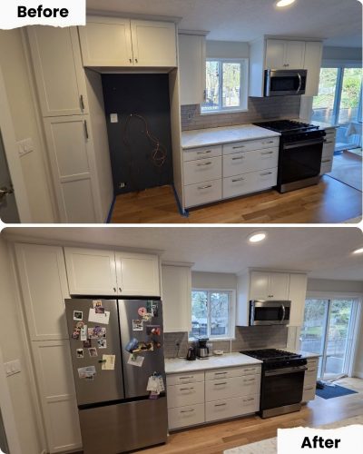 Pearl Painters in Portland: Kitchen alcove before painting with exposed wires; after, finished area and new stainless steel fridge.