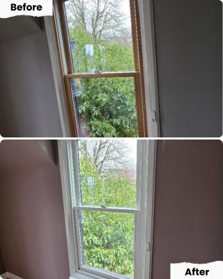 Pearl Painters in Portland painted a window area; before: gray walls, wood trim. After: mauve walls, white trim.