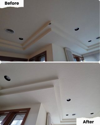 Before and after images show Pearl Painters in Portland repairing and painting ceiling trim, from damaged to smoothly finished.