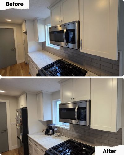 Before and after photos of a kitchen counter in Portland by Pearl Painters; stove and microwave removed, replaced with small appliances.
