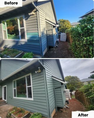 Before-and-after of house exterior in Portland, with new siding and neater landscaping painted by Pearl Painters.