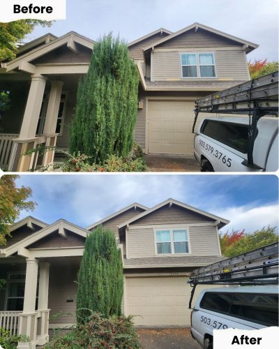 Before and after show Pearl Painters removing dark stains above the garage of a Portland house; other features unchanged.