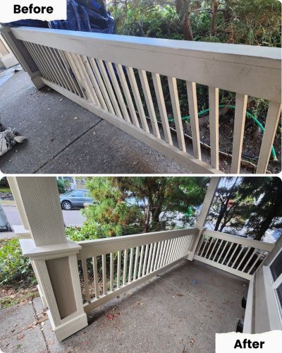 Before and after photos show Pearl Painters in Portland repainting a porch railing from worn beige to bright white and tan.