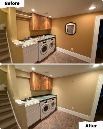 Laundry room before: mirror above washer/dryer. After Pearl Painters' work in Portland, the mirror is gone, wall ready for painting.