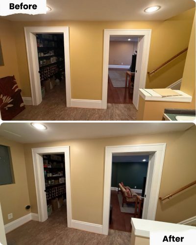 Before-and-after hallway comparison in Portland; Pearl Painters show new white trim and better lighting after painting.