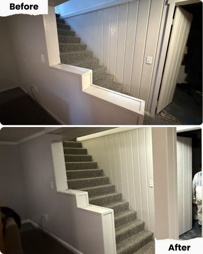 Before and after photos of a carpeted staircase painted by Pearl Painters in Portland; after image is brighter and cleaner.
