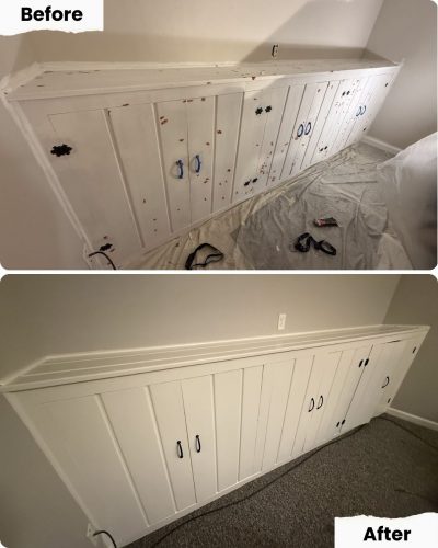 Before and after of built-in cabinet painted in Portland by Pearl Painters; painter prepped, primed, then finished with white and blue.