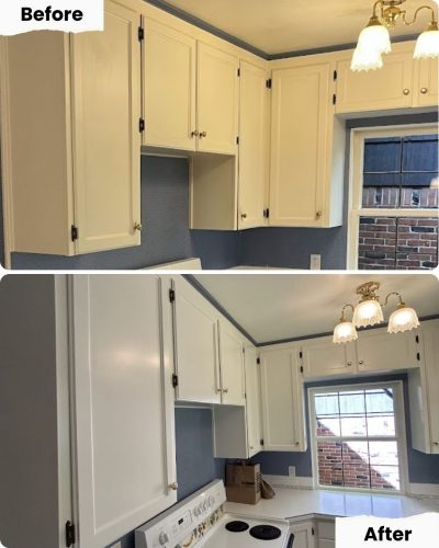 Before and after photos show Pearl Painters improving a Portland kitchen with freshly painted stovetop area and cabinets.